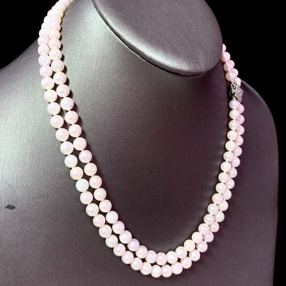 Diamond Akoya Pearl 2-Strand Necklace 17" 18k Gold 6.5mm Certified $8,750 120675 - Picture 2 of 11